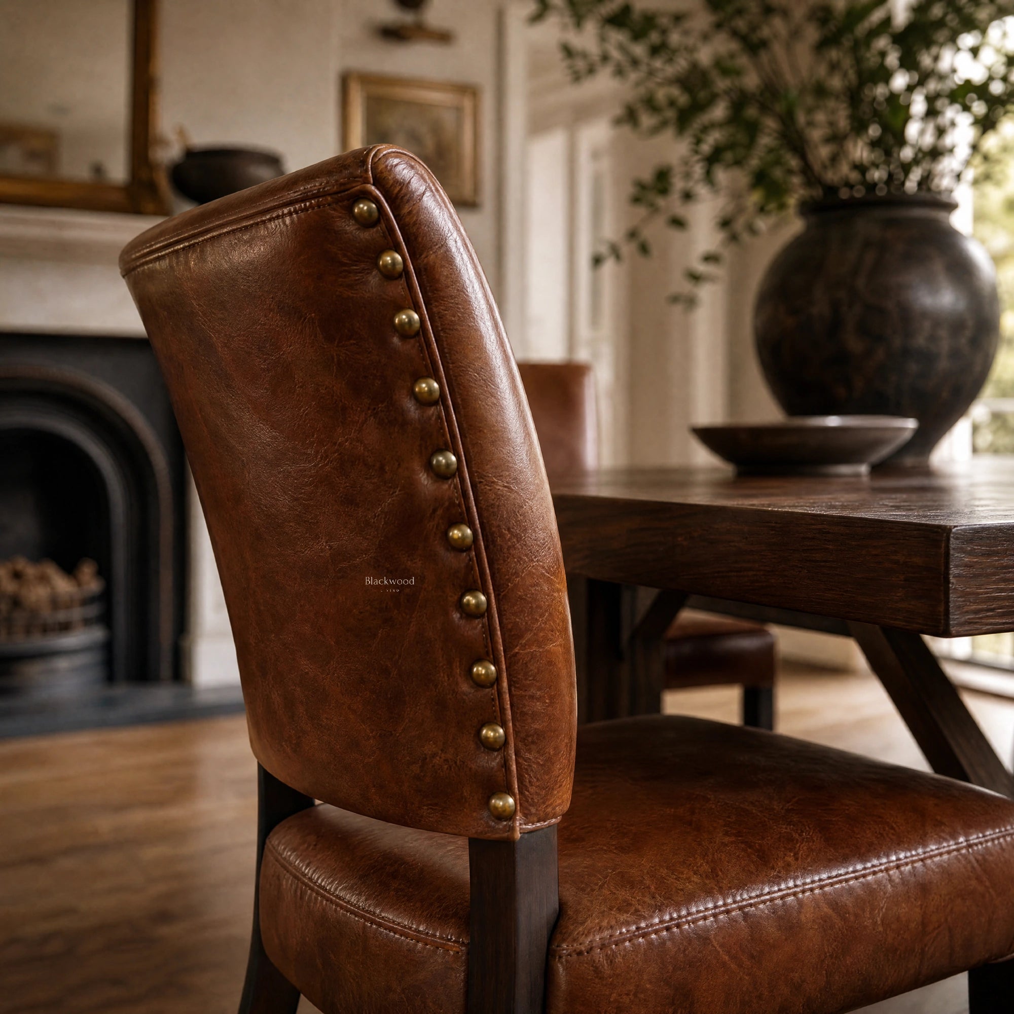 Beaumont Dining Chair in Vintage Tobacco leather with brass nailhead trim in warm dining room.