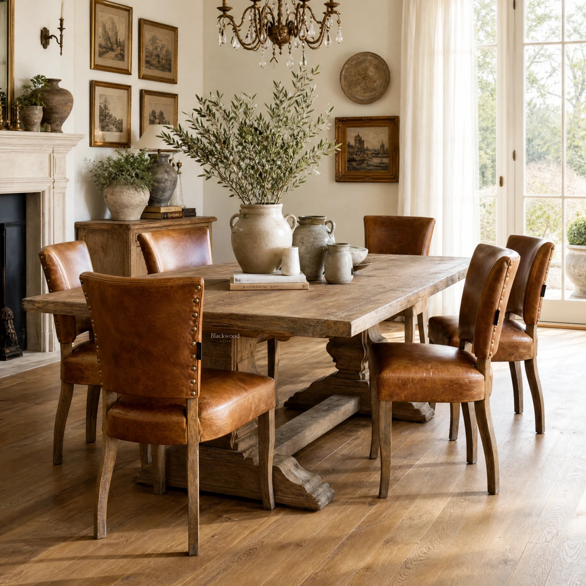 Beaumont Dining Chair - Vintage Tan around a rustic wood dining table in a sunlit dining room.
