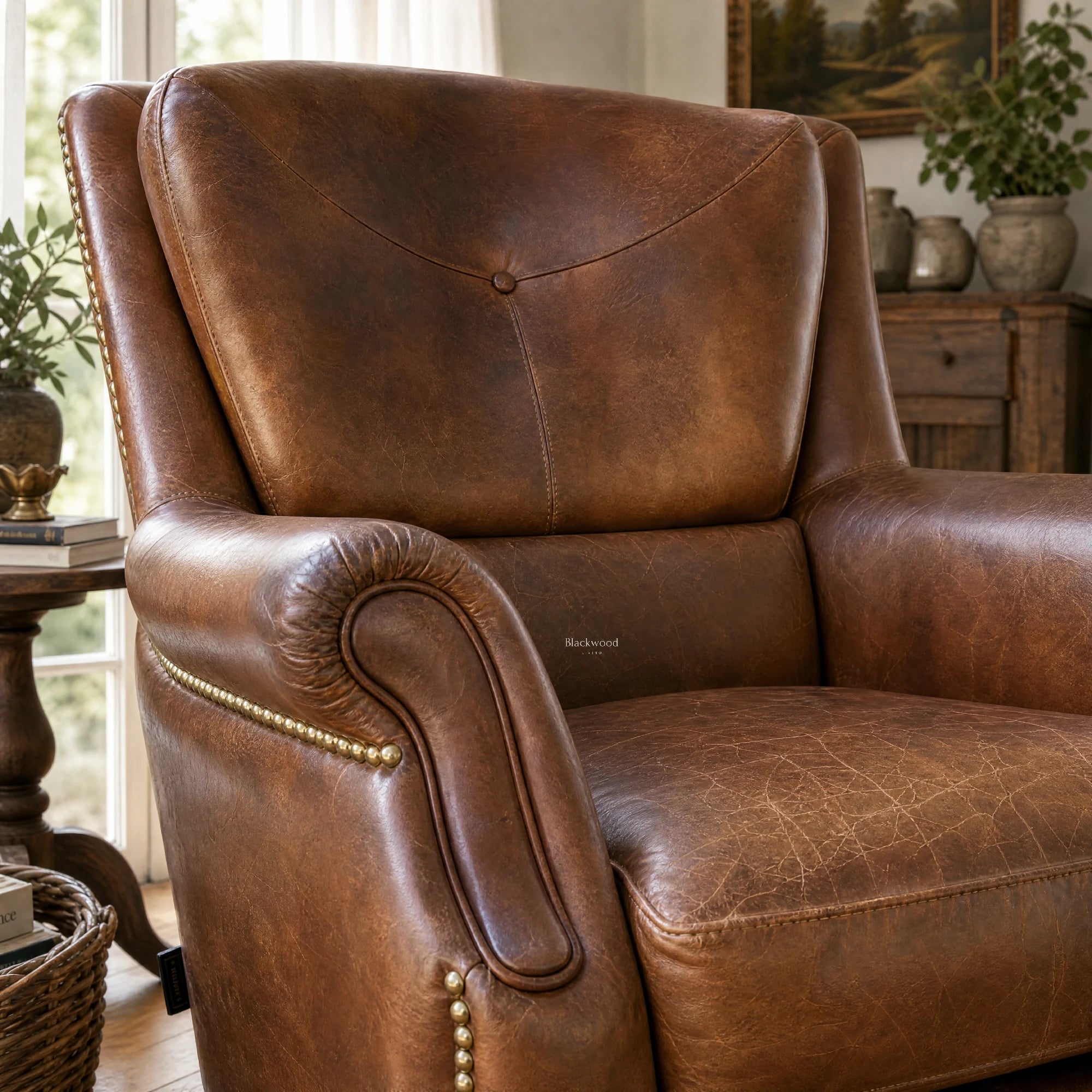 Beaumont Armchair - Vintage Tobacco leather with button-back and brass nailhead trim.