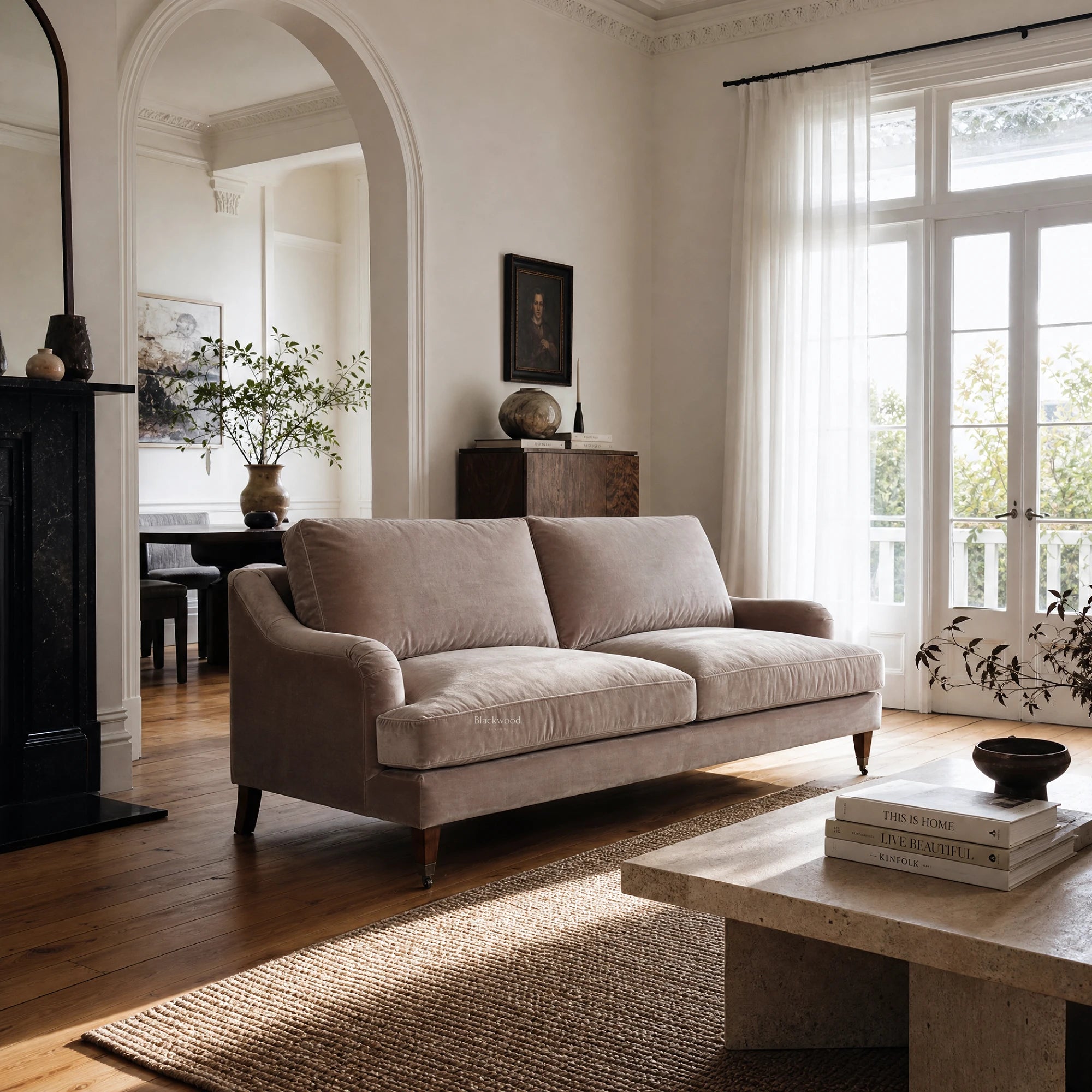Permbroke Sofa Moonstone velvet with deep cushions in an airy, elegant living room.