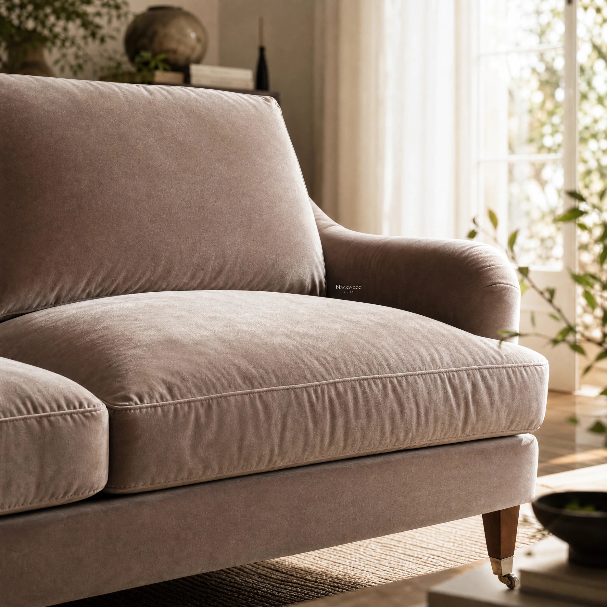 Permbroke Sofa Moonstone in soft velvet polyester with deep cushions, shown in a bright living room.