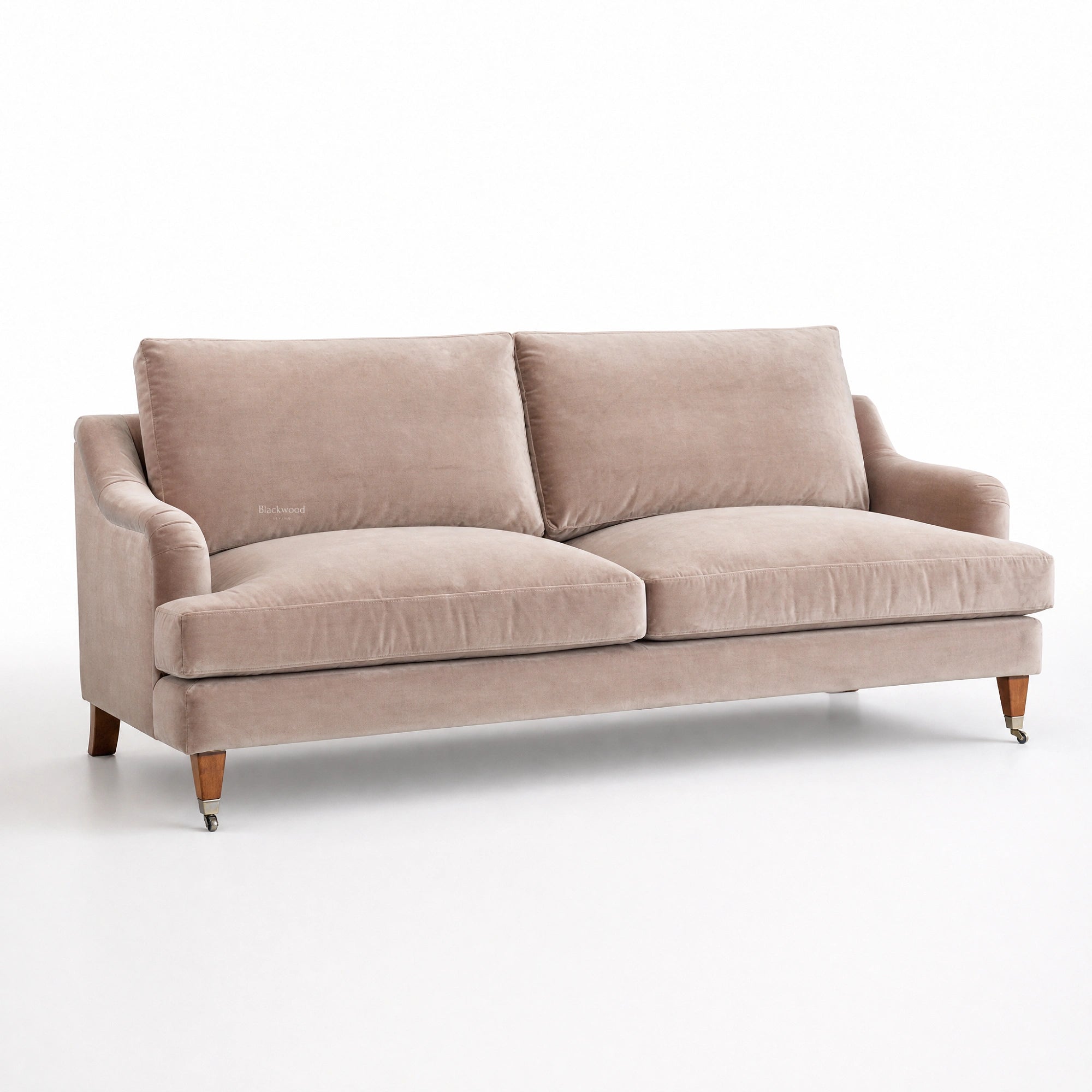 Permbroke Sofa Moonstone in soft velvet fabric with generous cushions and tapered wooden legs.