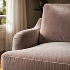 Moonstone Pembroke Chair close-up of plush velvet upholstery on arm and backrest.