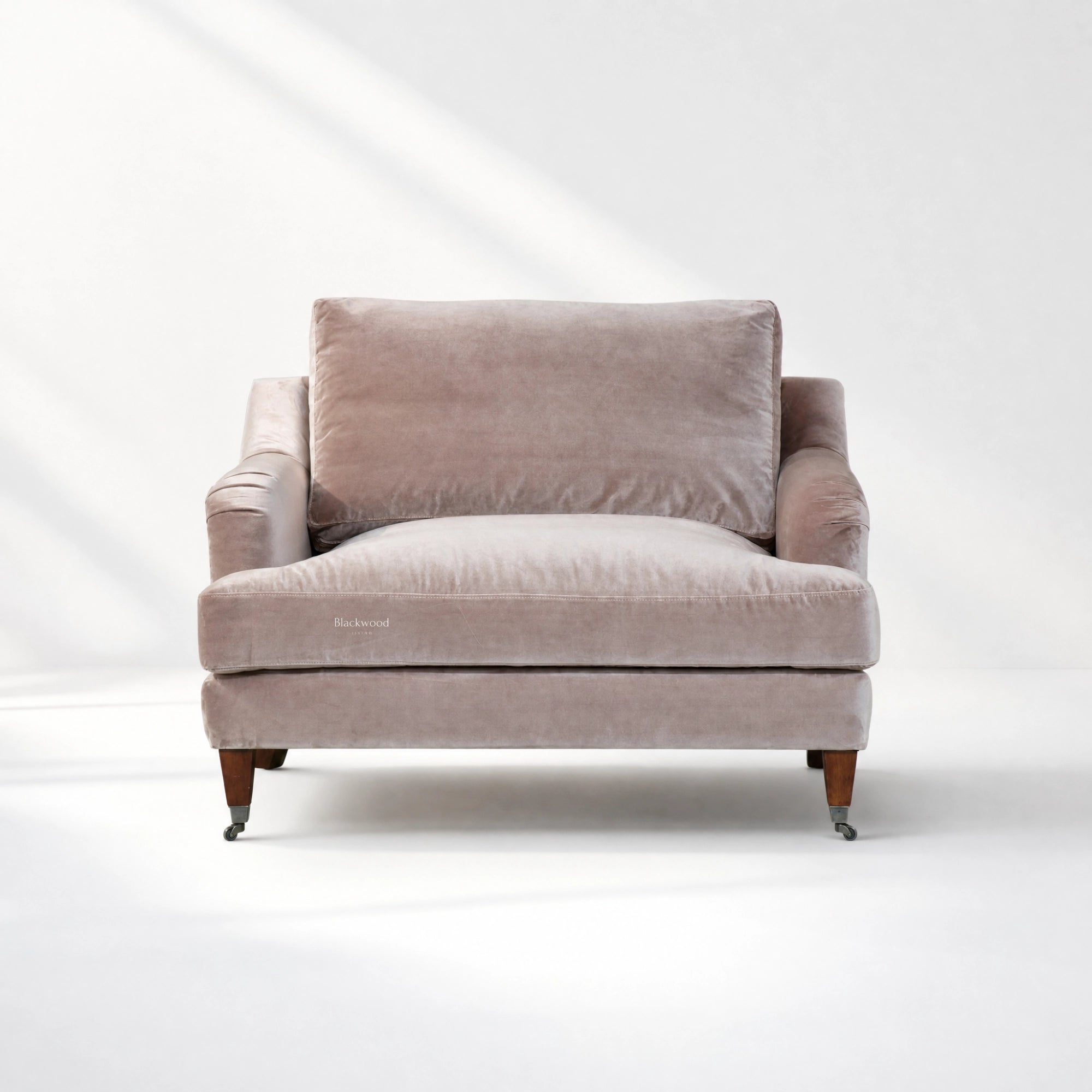 Pembroke Chair Moonstone velvet 1.5-seat armchair with deep, plush cushions.