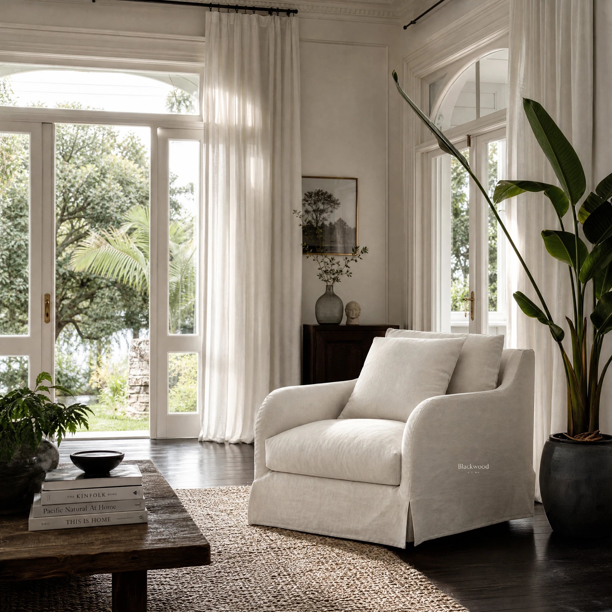 Kingston Occasional Chair in linen-cotton slipcover with timber frame in a sunlit neutral living room.