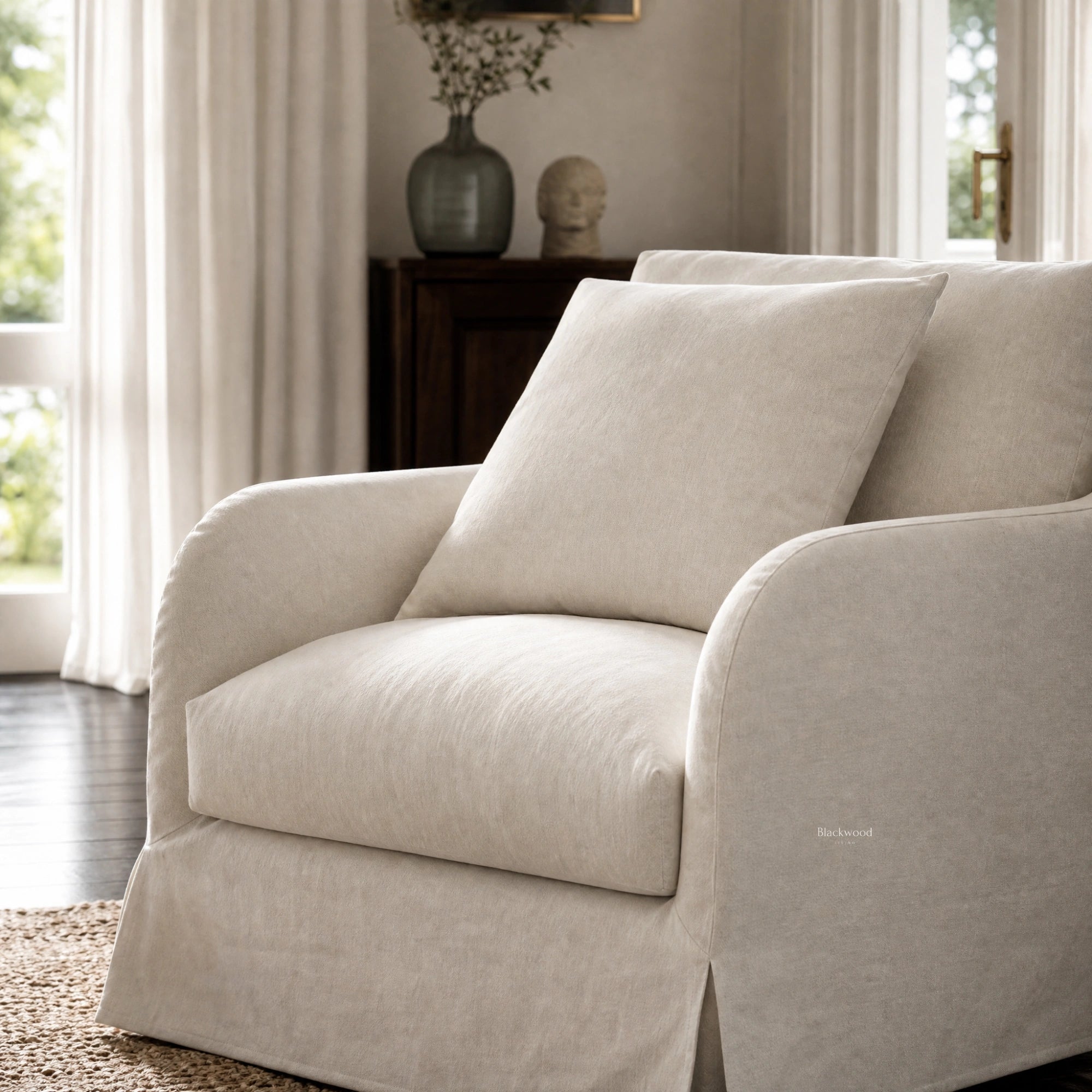Kingston Occasional Chair with linen-cotton slipcover and solid timber frame in neutral beige.