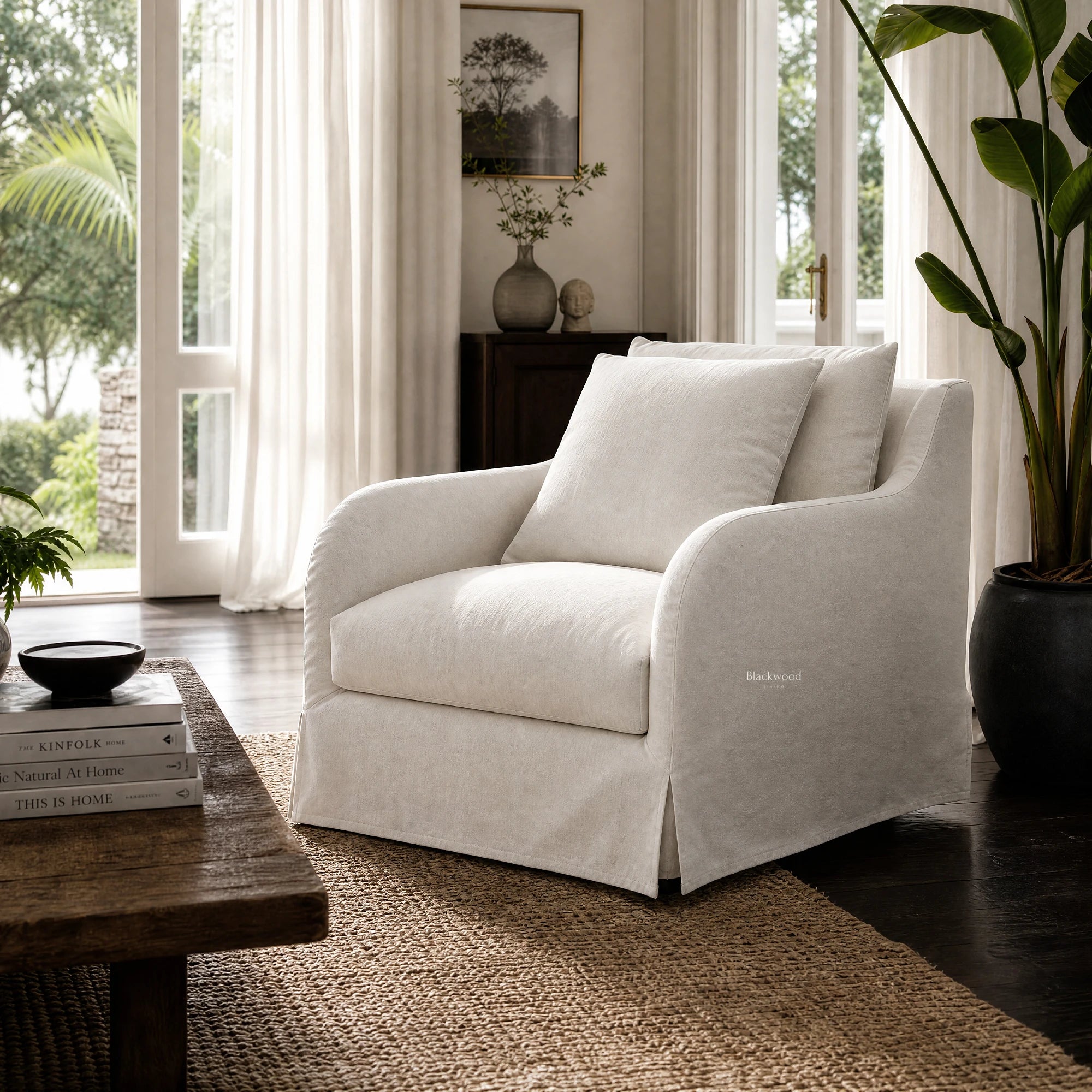 Kingston Occasional Chair with linen-cotton slipcover and timber frame in a serene sunlit living room.