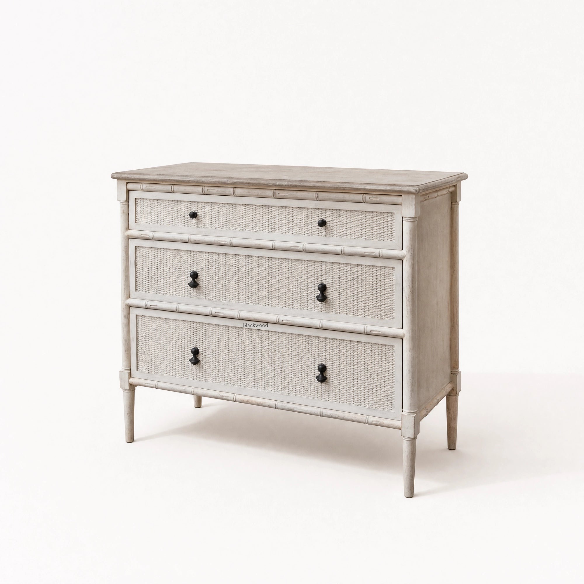 Laguna Dresser in soft antique finish with woven rattan panels, mahogany and white cedar, bamboo-inspired frame.
