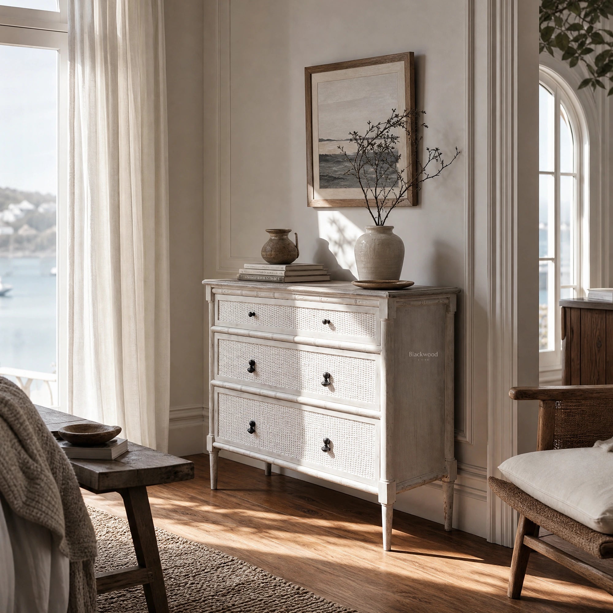 Laguna Dresser in a coastal Boathouse-style room with mahogany, white cedar, and handwoven rattan panels.