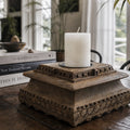 Jaipur Candle Holder on a carved rustic wood stand; handcrafted from reclaimed Indian timber with weathered grain.