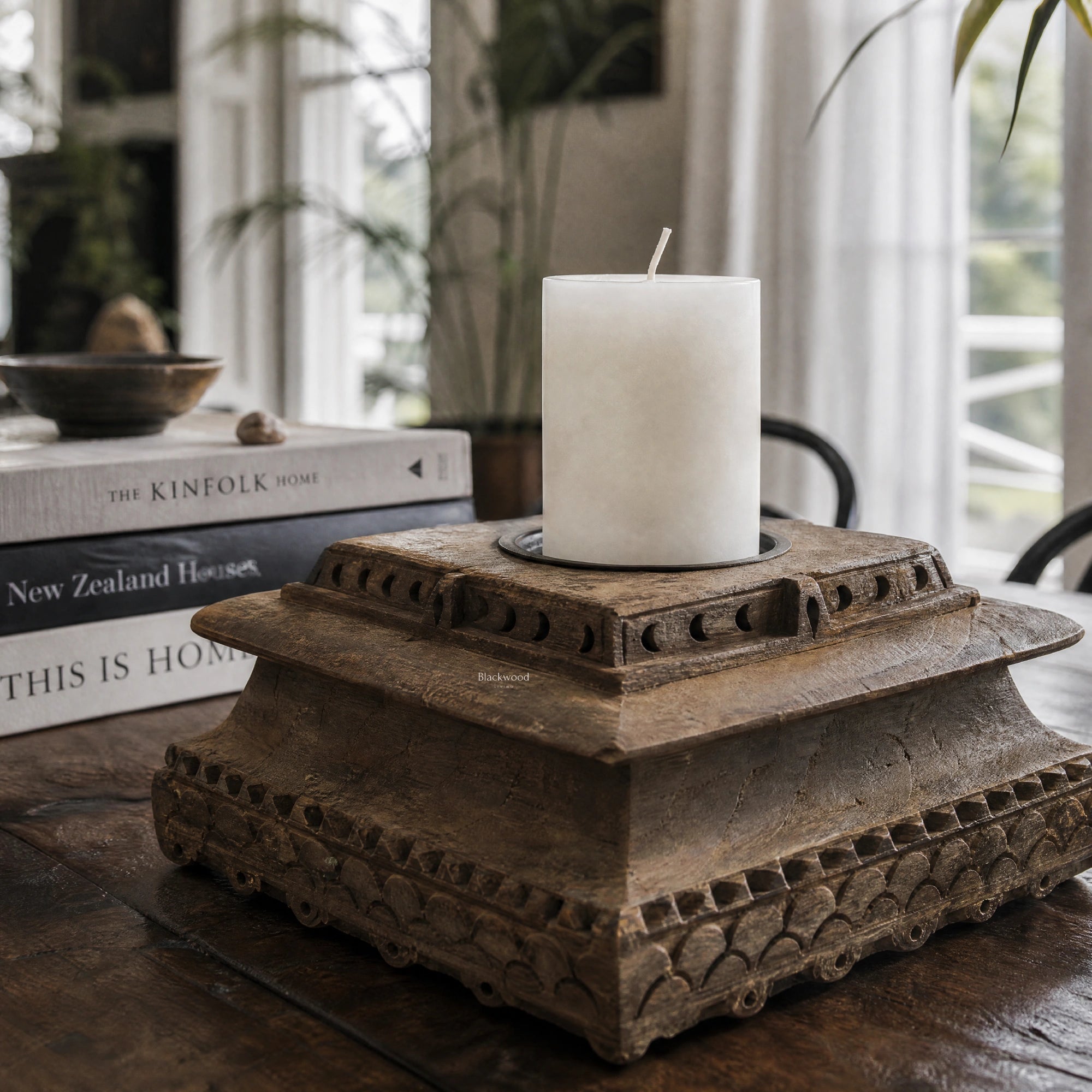 Jaipur Candle Holder on a carved rustic wood stand; handcrafted from reclaimed Indian timber with weathered grain.
