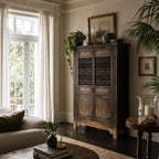Shanghai Cabinet: weathered reclaimed pine with lattice doors and timeworn finish in a sunlit living room.