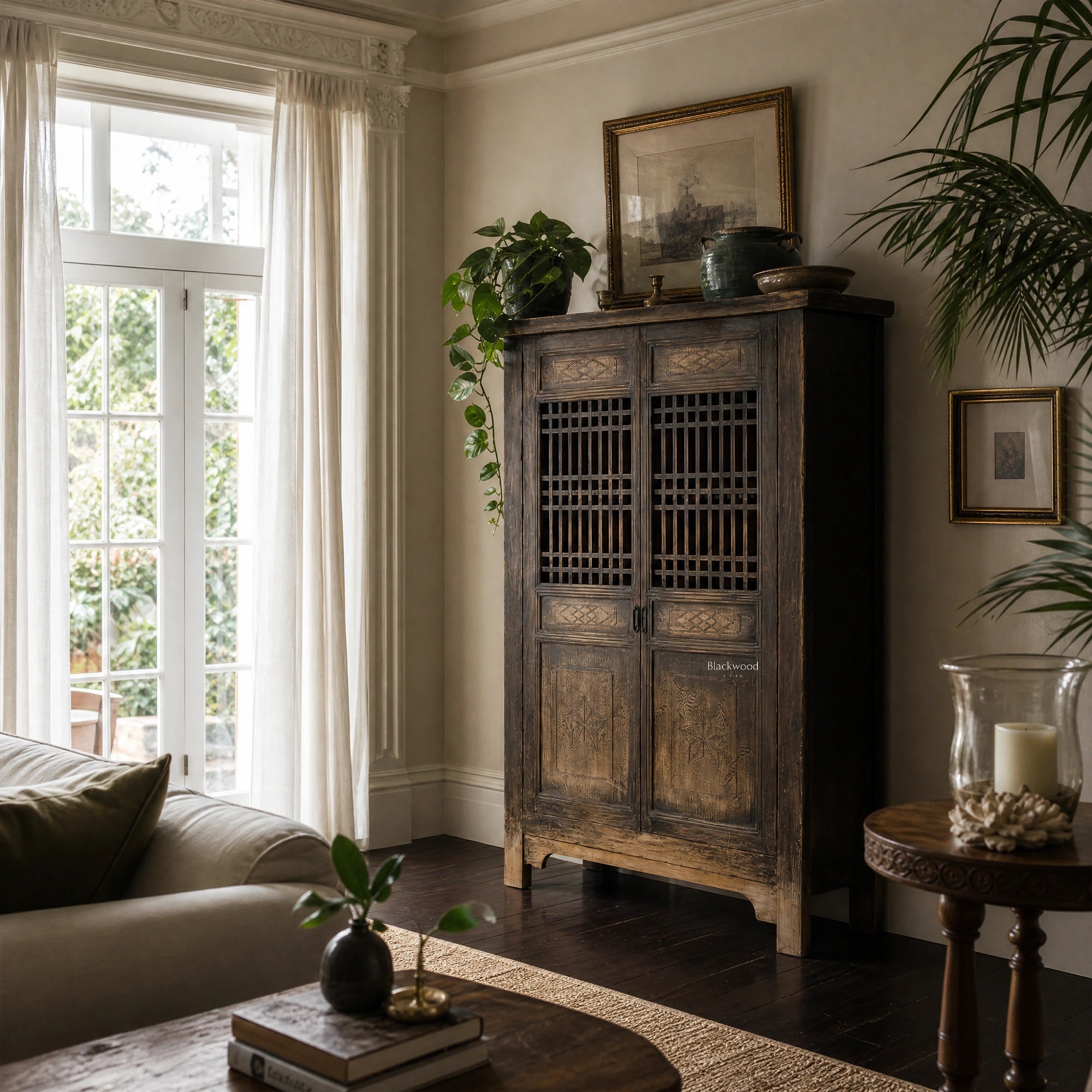 Shanghai Cabinet: weathered reclaimed pine with lattice doors and timeworn finish in a sunlit living room.