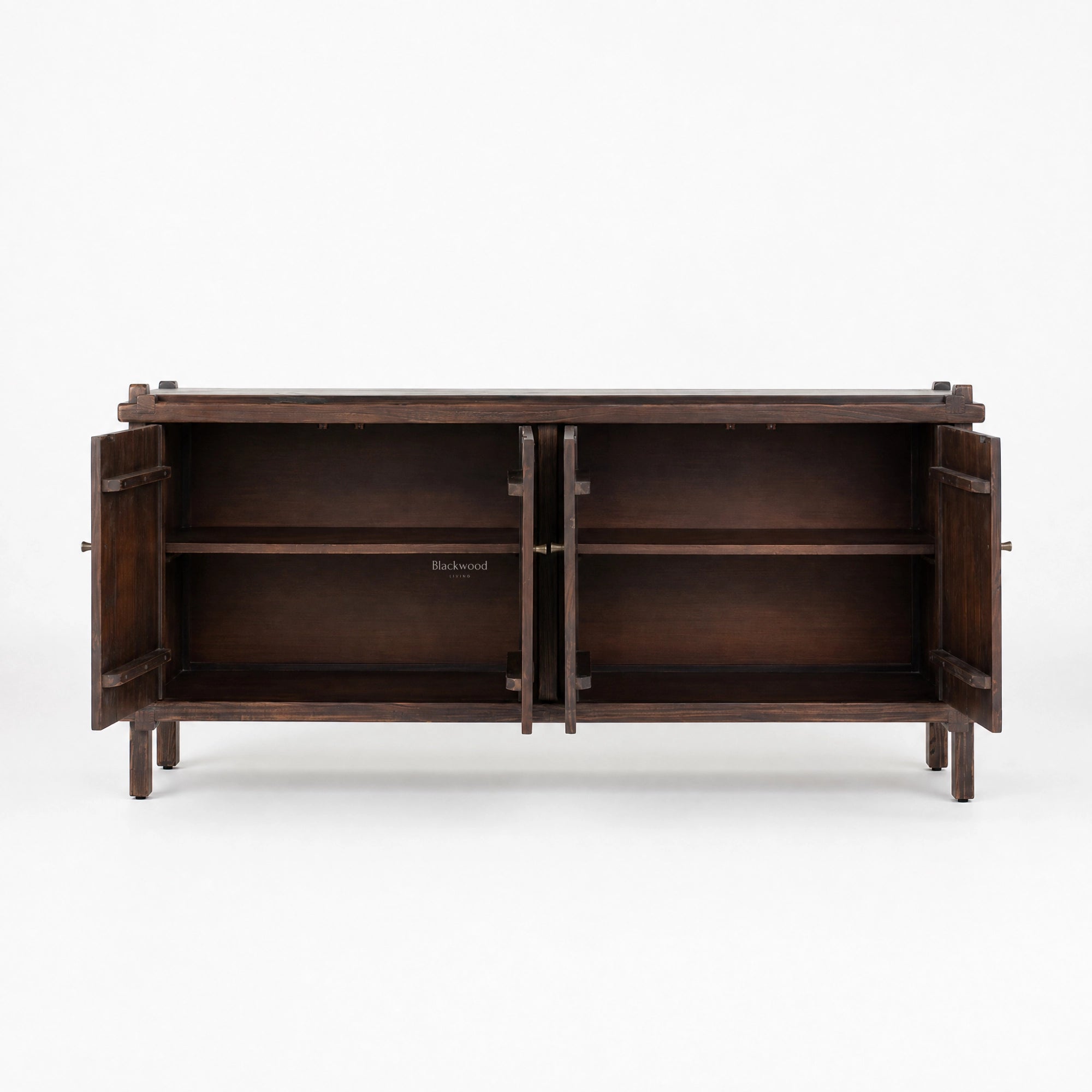 Millhouse Sideboard in solid fir wood with open doors revealing storage shelves.