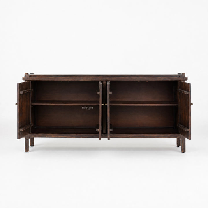 Millhouse Sideboard in solid fir wood with open doors revealing storage shelves.