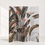 Brasilia Room Divider featuring tropical botanical panels with large leaves and Bird of Paradise flowers.