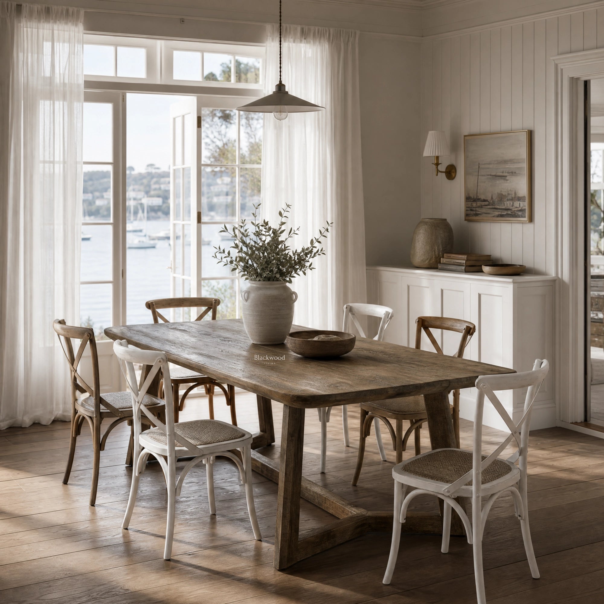 Pure® Hawaii Dining Table crafted from reclaimed oak with a softly weathered finish in a coastal dining room.