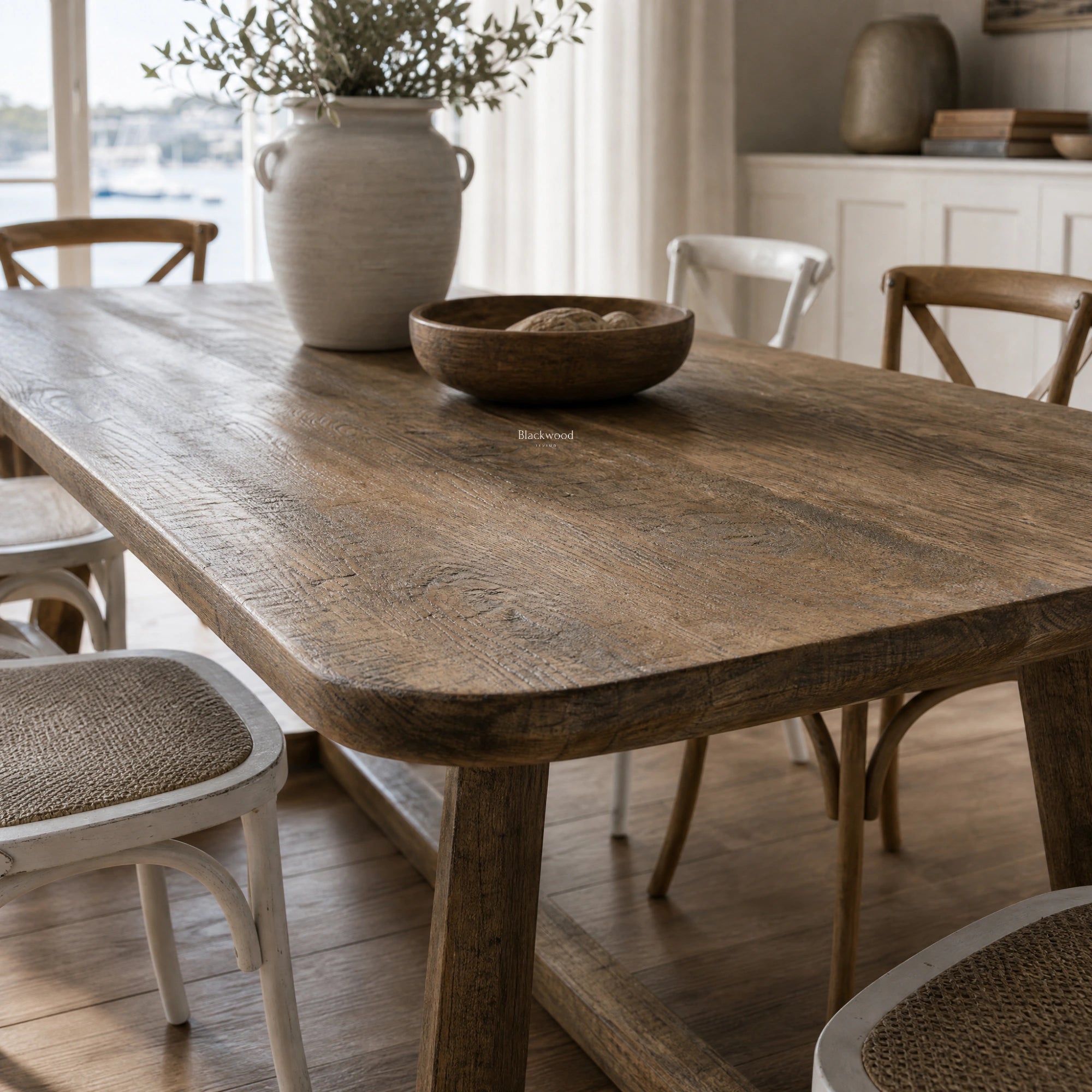 Pure Hawaii Dining Table in reclaimed oak with a weathered finish and solid timber construction.
