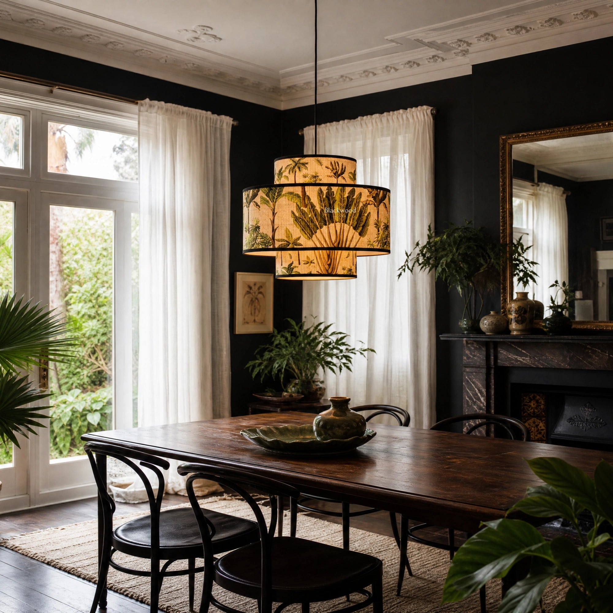 Belize Lightshade bamboo lamp with tropical botanical print, casting warm glow in a dark elegant dining room.