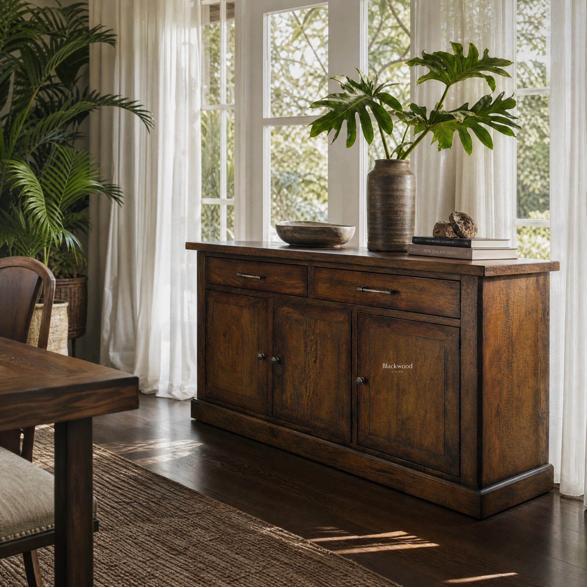 Marlborough 3 Door Buffet in coffee finish, solid mango wood with visible grain in a sunlit dining room.