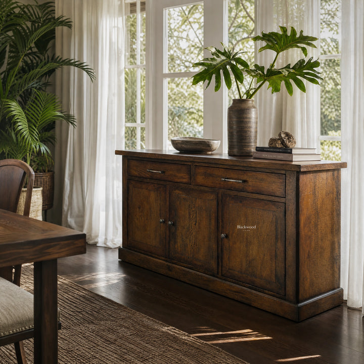 Marlborough 3 Door Buffet in coffee finish, solid mango wood with visible grain in a sunlit dining room.