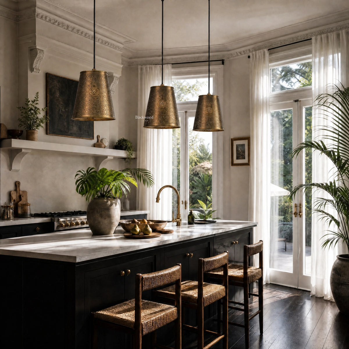 Ceylon Pendant lighting in antique brass with pierced pattern casts warm lantern-inspired glow over the kitchen island.