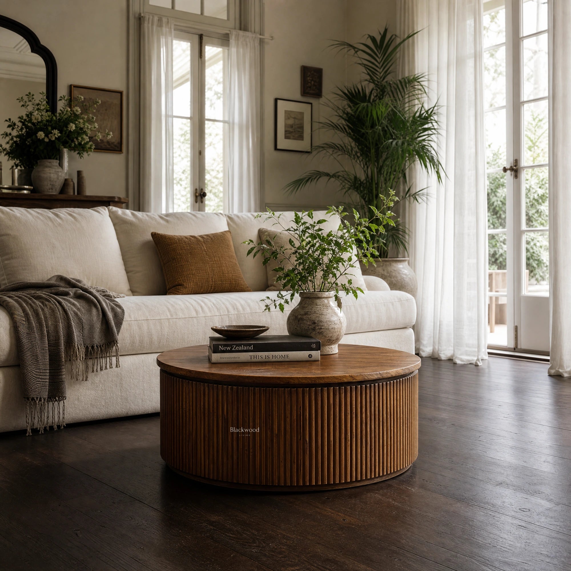 Reed Round Coffee Table crafted from reclaimed elm with rich grain and warm, natural tones.
