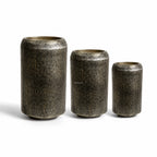 Sumatra Planters Set/3: three ribbed aluminium planters in antique brass finish.