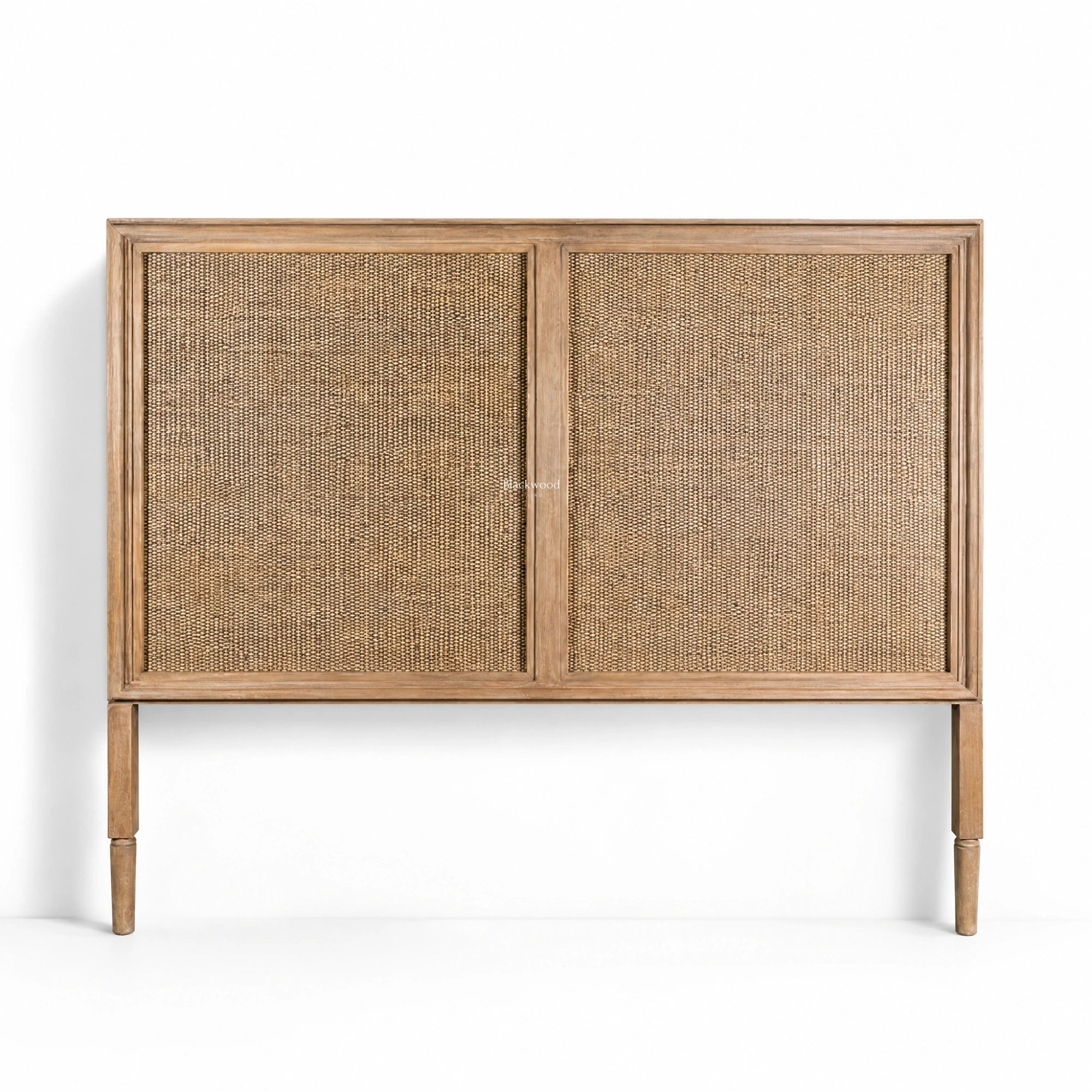 Willow Headboard in Bayur wood with natural rattan weave, warm, refined bedroom centerpiece.