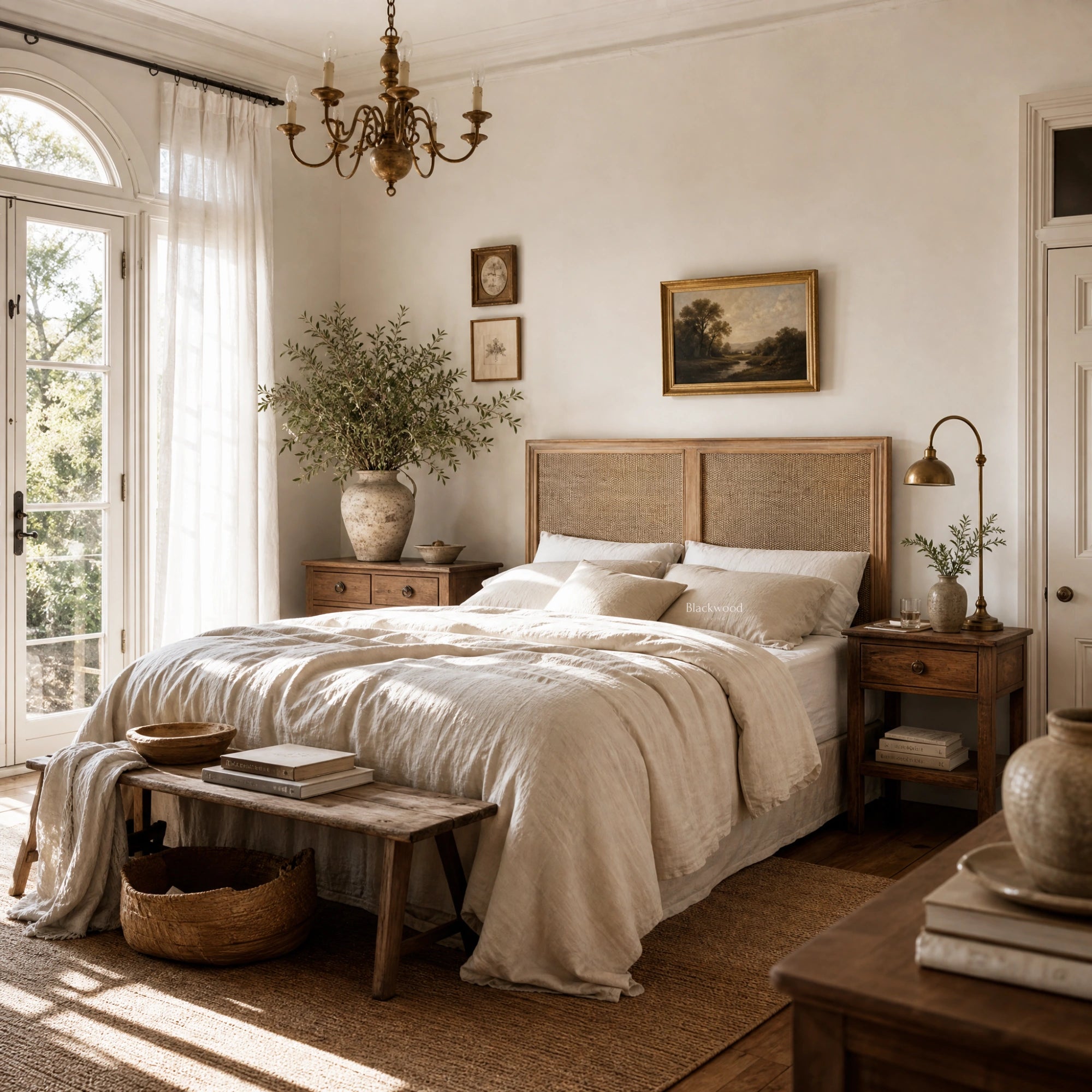 Willow Headboard with Bayur wood and natural woven rattan in a serene neutral-toned bedroom.