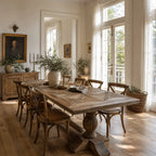 Fairmont Dining Table 250cm in solid old pine with marquetry top, shown in a sunlit dining room.