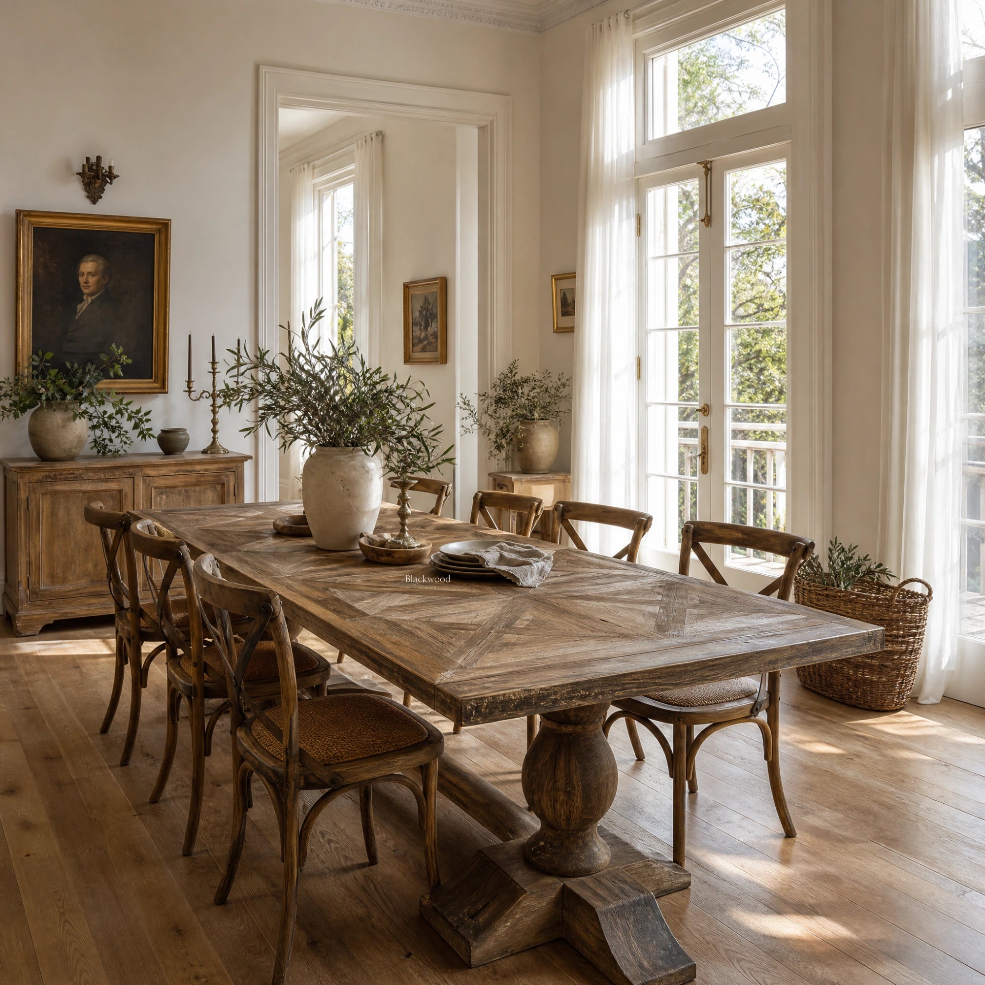 Fairmont Dining Table 250cm in solid old pine with marquetry top, shown in a sunlit dining room.