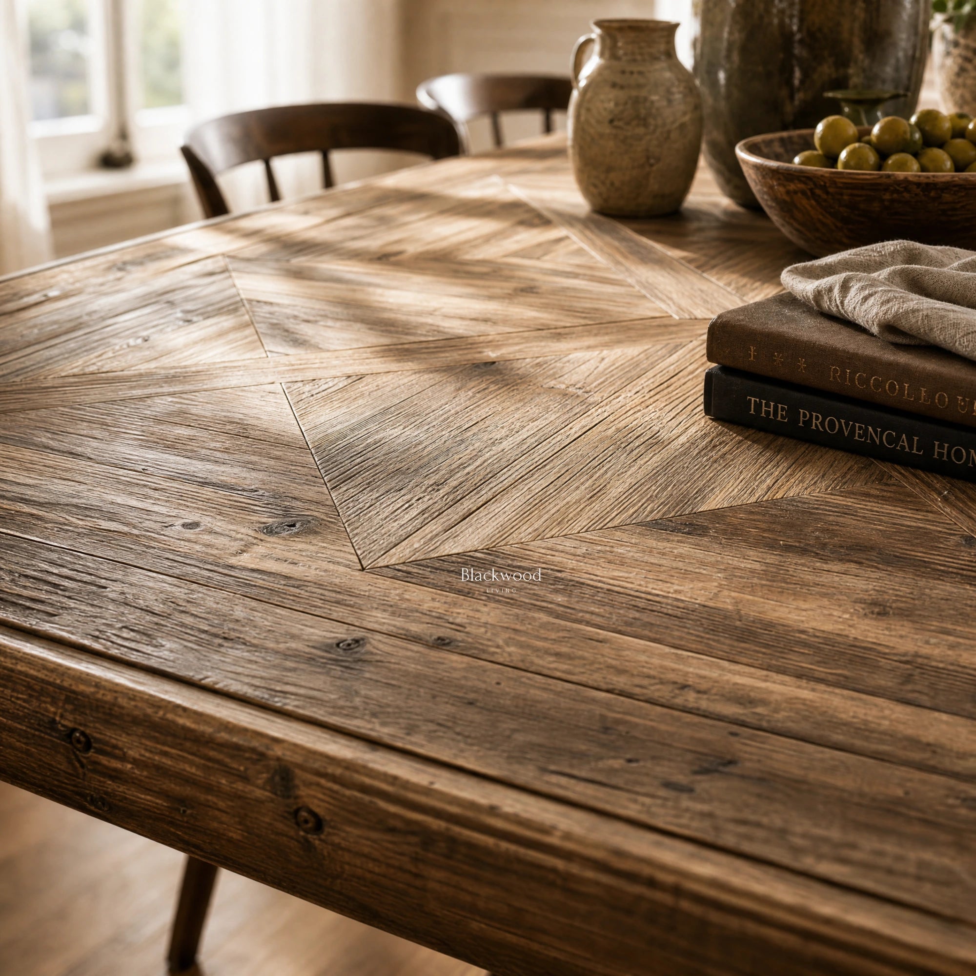 Fairmont Dining Table 250cm in solid old pine with a striking marquetry tabletop, shown in a rustic dining room.