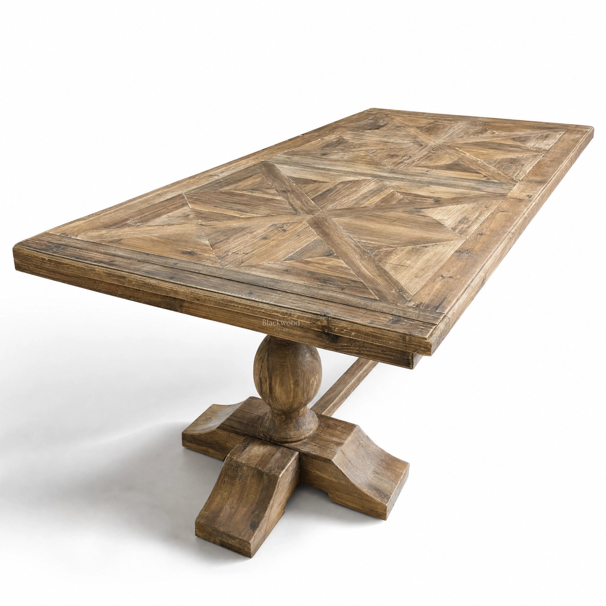 Fairmont Dining Table 250cm in solid old pine with a geometric marquetry top.