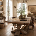 Fairmont Dining Table 250cm in solid old pine with marquetry tabletop, set in a warm, rustic dining room.