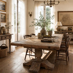 Fairmont Dining Table 250cm in solid old pine with marquetry tabletop, set in a warm, rustic dining room.