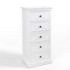 Bayview Tall Dresser, white finish, with cross-panel drawer fronts and dark square knobs.