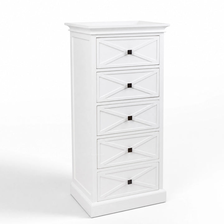 Bayview Tall Dresser, white finish, with cross-panel drawer fronts and dark square knobs.