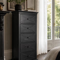 Bayview Tall Dresser - Black, mahogany construction with cross-panel drawer fronts in a refined Hampton-style bedroom.