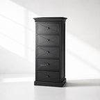 Bayview Tall Dresser - Black: mahogany dresser with cross-panel drawer fronts and square knobs.