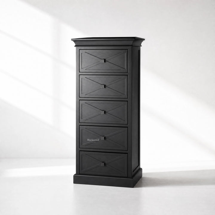 Bayview Tall Dresser - Black: mahogany dresser with cross-panel drawer fronts and square knobs.