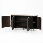 Meridian Sideboard in dark mango wood with brass detailing, curved silhouette, and a mirrored top.