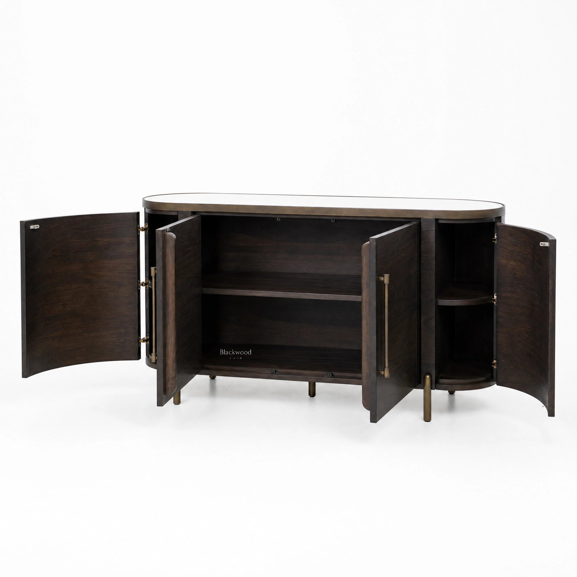 Meridian Sideboard in dark mango wood with brass detailing, curved silhouette, and a mirrored top.