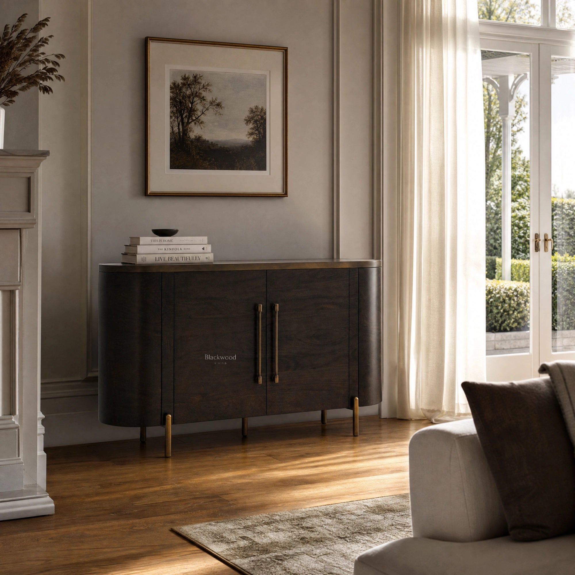 Meridian Sideboard in rich mango wood with brass detailing and a mirrored top, in a sunlit living room.