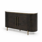 Meridian Sideboard in mango wood with brass detailing, a mirrored top, and softly curved silhouette.