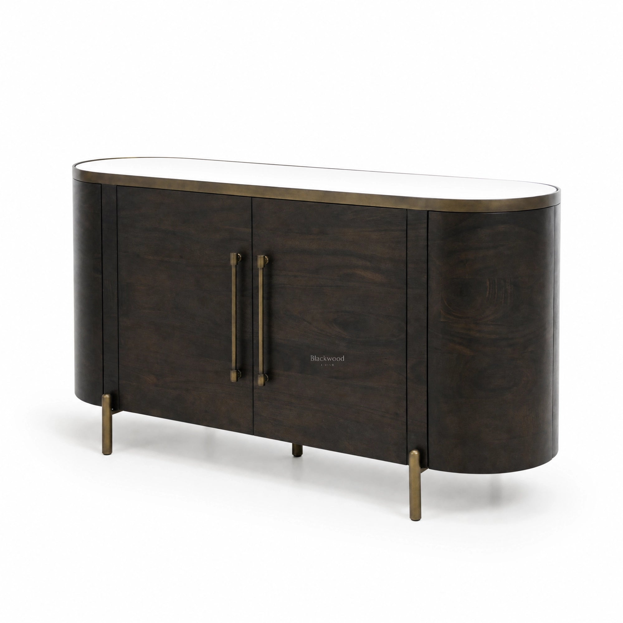 Meridian Sideboard in mango wood with brass detailing, a mirrored top, and softly curved silhouette.