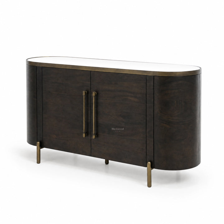 Meridian Sideboard in mango wood with brass detailing, a mirrored top, and softly curved silhouette.