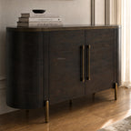 Meridian Sideboard in mango wood with brass detailing and a mirrored top, featuring a softly curved silhouette.