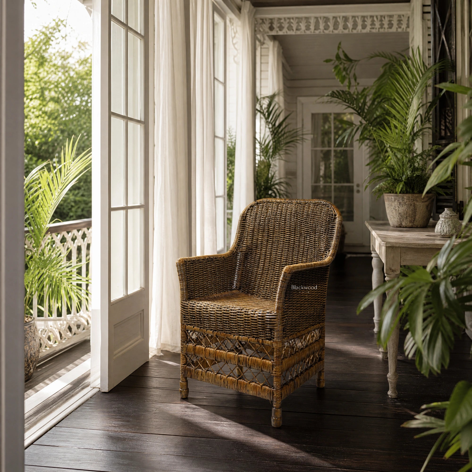 Malacca Accent Chair, natural rattan with plantation style, on sunlit veranda beside white-framed doors and plants.