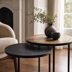 Verona Side Tables Set/2 with antique bronze and antique brass aluminium tops on slender black legs.